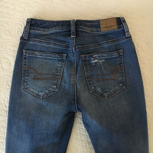American Eagle AE Denim High Waisted Slim Jeans Destroyed Distressed 00 Short - Picture 8 of 9